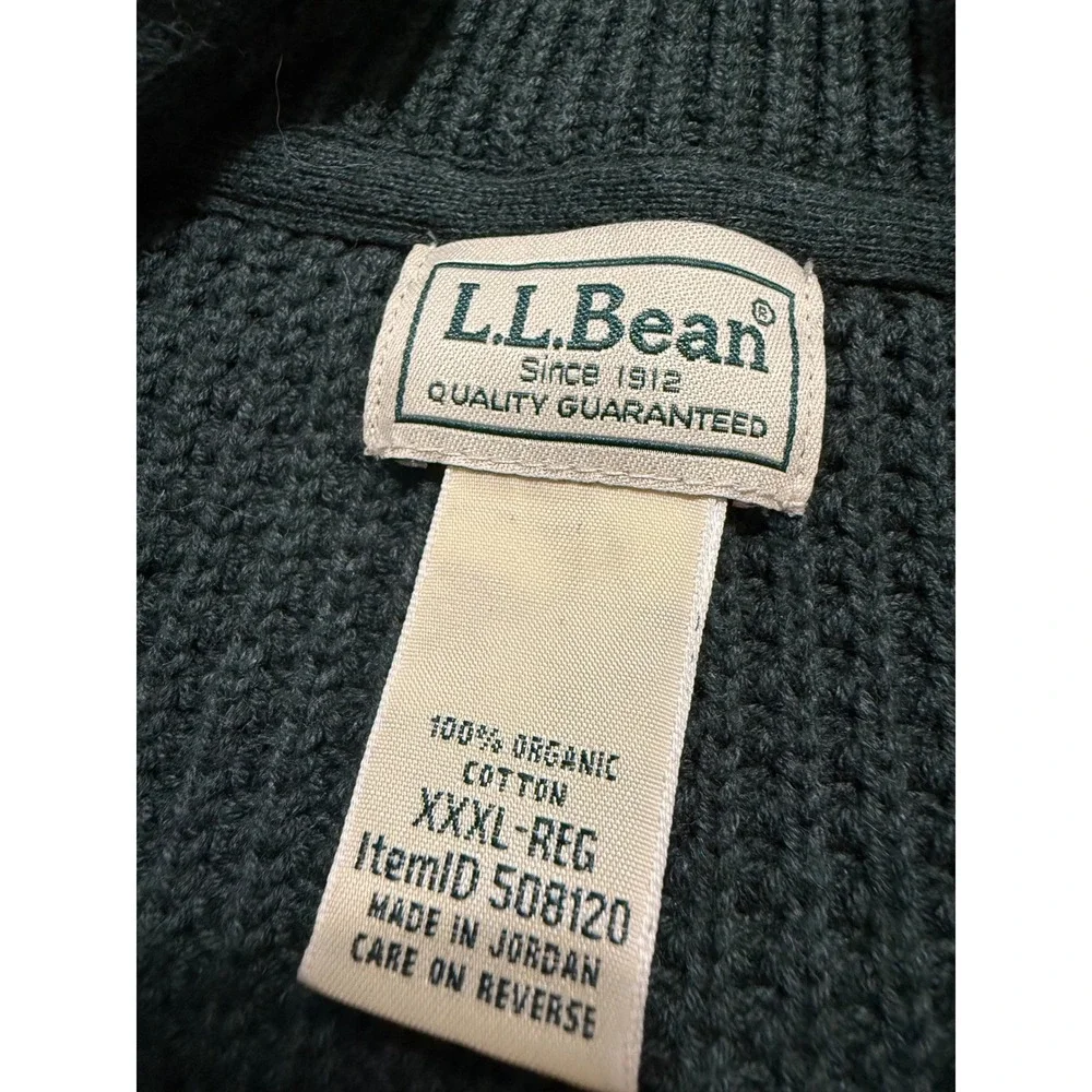 LL Bean Mens XXXL Green Organic Cotton Waffle Knit Quarter Zip Sweater 508120
